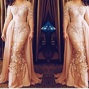 Modern Ladies Mermaid Evening Dresses with Detachable Overskirt Train 3D Floral Lace Applique Illusion Long Sleeves Prom Dress