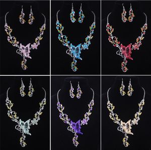 Europen and American Butterfly statement necklaces Drop Earrings Set For women Crystal rhinestone flower bride Wedding Engagement Jewelry
