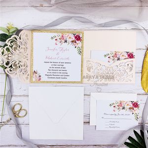 Romantisk rodnad Pink Spring Flower Glittery Laser Cut Pocket Wedding Inbjudningssatser, gratis skickas av UPS