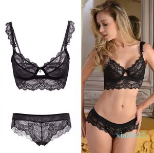 Fashion-Wholesale-Womens sexiga ultratunna spetsöversikt Plus-storlek Brassiere Push Up Bh och trosor Kvinnliga underkläderuppsättning