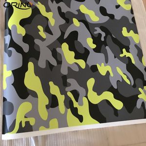 Black Fluorescent Yellow Camouflage Vinyl Film Car Wrap Air Bubble Adhesive PVC Vehicle Wrapping Covering 1.52X5/10/15/20/25/30 meters