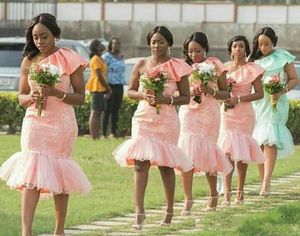 2020 Short Pink African Bridesmaid Dresses For Weddings One Shoulder Country Lace Appliques Knee Length Plus Size Maid Honor Gowns Under 100