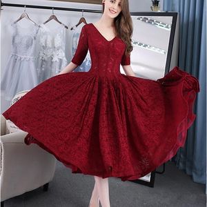 New Best Sale Cheap Half Sleeve V Neck New Arrival Burgundy Ball Gown Prom Dresses Lace Tea-Length Evening Gowns Vestido de Festa