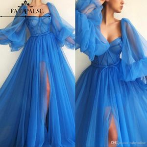 Cheap Sexy Tulle A Line Evening Dresses Long Sleeves Sweetheart Ruffles Split Prom Party Gowns Floor Length Robe De Soriee