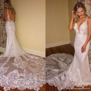 Seksi İnanılmaz Ince Mermaid Gelinlik Spagetti Sapanlar Dantel Aplike Boncuklu Backless Artı Boyutu Plaj Gelinlikleri Vestidos De Mariee