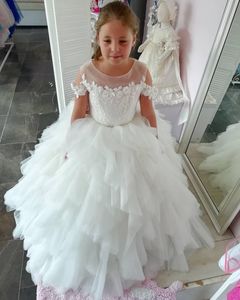 2020 Jewel Neck Wedding Flower Girls' Dresses with Applique Lace Up Back Communion Dress Long Ruffles Tulle Baby Birthday Party Gowns