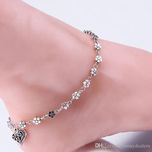 Antique Silver Flower Heart Pendant Foot Anklets Bracelets Women Smart bangles