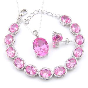 Fashion Bridal Accessories Sets Oval Pink Zircon Stud Earrings Bracelet Pendants 925 Silver Necklace For Women Wedding Engagement Jewelry Gi
