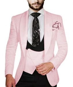 Moda Pembe Kabartma Damat smokin Şal Yaka Damat Blazer Erkekler Örgün Suit Balo Parti takımları (Ceket + Pantolon + Kravat + Yelek) 802