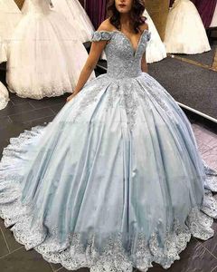 2024 Neue sexy Quinceanera Ballkleid Kleider von Schulterspitzen Applikationen Open Rücken süßer 16 Kleider Zugparty Abschlussabendkleider 403