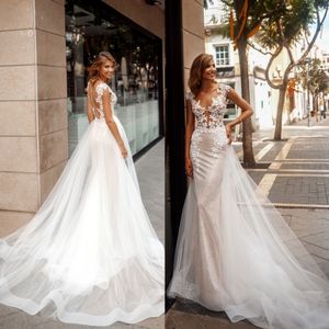 Sparkly Lace Mermaid Sequined Wedding Dresses With Detachable Train Deep V Neck Bridal Gowns Tulle Trumpet robe de mariée