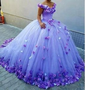 2020 Luksusowy Tanie Blue Quinceanera Ball Suknia Suknie Off Ramię z 3d Kwiaty Słodkie 16 Sweep Train Plus Size Party Prom Suknie Wieczorowe