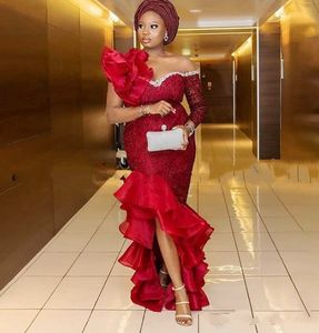 Aso Ebi Mermaid Evening Dresses Nigerian Styles Lace appliques High Low train Formal Plus Size Prom Dress African One Shoulder Par324u