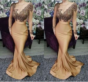 Champagne Embroidered Lace Mermaid Formal Dress Evening 2019 Illusion Long Sleeve Sheer Neckline Cocktail Party Prom Dress Runway Fashion