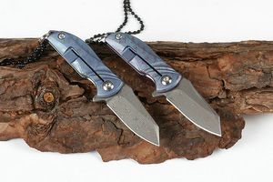 2 Colors VG10 Damascus Steel Small Flipper Folding Knife EDC Necklack Chain Knives TC4 Titanium Alloy Handle Gift Knive