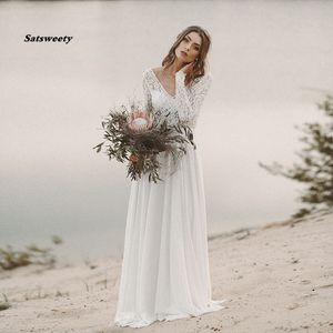 Plaża Suknia Ślubna Z Długim Rękawem Boho V Neck Otwarty Powrót Bridal Szyfonowa Princess Lace Novia