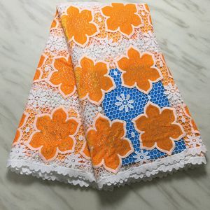 5yards / PC Fashion White African Milk Silk Tkaniny i pomarańczowy kwiat francuski aksamitna koronka z rhinestone do sukienki BM23-2