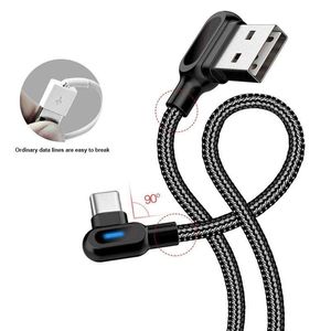 Melhor uso Cotovelo Duplo Tipo-C Micro USB Cabos Fast Charge 90 graus com luz para Samsung Huawei Cable para AllMobile Phone Charger