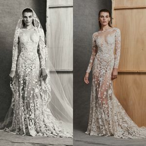 Zuhair Murad 2020 Mermaid Gelinlik Dantel Aplike Sequins Uzun Kollu Sweep Tren Gelinlikler Artı Boyutu Illusion Robe de Mariée