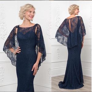 Mörk Navy Lace Wrap Mermaid Mor of the Bride Dresses Plus Size Elegant Evening Formella Klänningar 2019 Formell Party Prom Crows