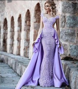 2018 Wanshandress Lila Satin Mermaid Evening Klänningar Anpassad Avtagbar Tåg Aftonklänningar Cap Sleeves Backless Prom Dress Robe de Soiree