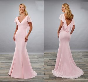 Unikalne plecy Drapowane rękawy 2020 Druhna Suknie Mermaid V-Neck Krótki Rękaw Prom Dress Elegant Formalne Suknie Wieczorowe Nowy Szyfonowy Ślub