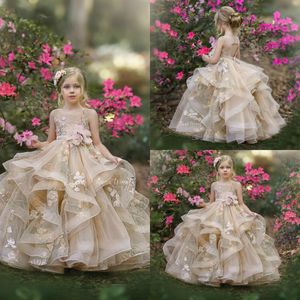 Champagne 2020 Flower Girl Dresses For Wedding Lace Appliqued Beads Pageant Gowns Tulle Floor Length Tiered Ruffled First Communion Dress