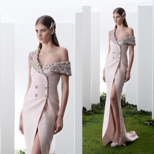 2019 Beaded Prom Klänningar Sexig High Split Two Button Girls Pageant Gowns One Shoulder Floor Längd Kvinnor Formella Klänningar Två Vägar