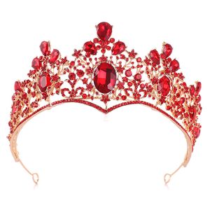 Yeşil Prenses Tacı toptan satış-Çarpıcı Barok Gelin Taç Tiara Hunter Yeşil Kırmızı Kristaller Düğün Parti Saç Takı Yeni Varış Benzersiz Tasarım Prenses Kraliçe Başlığı