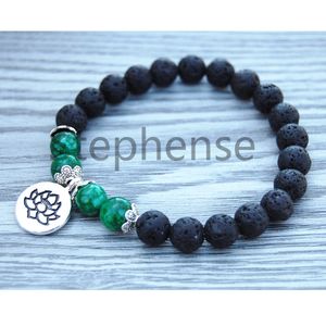 MG0650 Natürliches Lava-Energie-Armband, Malachit, Lotus-Charm, Yoga-Armband, neues Design, Balance, Herz-Chakra, Mala-Armband