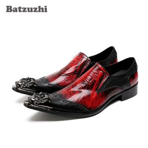 Włochy Marka Mężczyźni Sukienka Buty Płaskie Mężczyźni Metal Tip Dress Buty Skórzany Slip On Men Red Wedding Party Shoes Plus Size US12-Batzuzhi