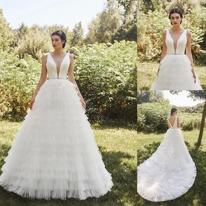 Plus Size A Line Wedding Dress Deep V Neck Sleeveless Tiers Beads Tulle Wedding Dresses Court Train Bridal Gowns