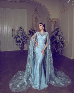 Elegancka Dubaj Mermaid Prom Dress Z Wrap Bateau Neck Aplikacje Pełna Koronkowa Długa Suknia Seksowna Mody Formalne Suknie Party Suknie