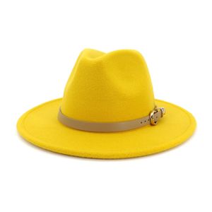 Mode unisex kvinnor män ull filt jazz fedora hatt med läder band bred brima panama trilby hatt, röd svart gul solid färg