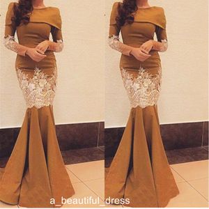 Arabska sukienka z długim rękawem Syrenki Suknie wieczorowe Prom New Arrival Długość podłogi Lace Aplikacja formalne kobiety Party Gown Ed1300