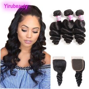 Peruvian Human Hair Extensions 3 Bundles With 4X4 Lace Closure 4 Pieces One Lot Loose Wave Virgin Hair Bundle Lace Closures