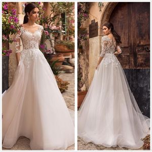 A Line Vintage Dress Scoop Neck Lace Appliqued Illusion 1/2 Sleeve Tulle Applique Sweep Train Wedding Bridal Gowns With Buttons ppliqued pplique