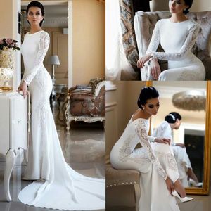 Modest Satin Mermaid Wedding Gowns With Long Sleeves Stylish Lace Boho Garden Bridal Dresses Sweep Train Fashion Robes de Mariee High Quality AL3861