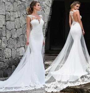 Elegant Sheer Cap Sleeve Lace Mermaid Wedding Dresses 2019 Tulle Applique Sweep Train Summer Beach Wedding Bridal Gowns robes de mariée