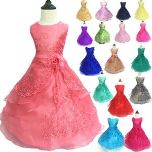 2020 retail New Flower Girls Dresses with Hoop Inside Flower Embroidered Party Wedding Bridesmaid Princess Dresses Formal Children Clothes