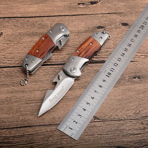 1Pcs Fengyuan Small Folding Knife 440C Satin Blade Wood Handle EDC Pocket Knives With Bottle Opener And Key Chain