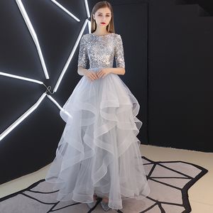 2019 New Silver Tulle A-line Long Modest Prom Dresses With Half 1/2 Sleeves Floor Length Ruffles Skirt Sequins Top Teens Girls Sparkly Dress