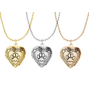Cat Dog Paw Footprint Pendant Love Heart Shaped Floating Locket Jewelry Engraved Exquisite Women Necklace