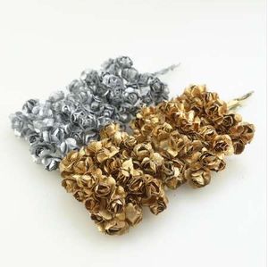 Cheap 12pcs 2cm Gold Silver Plum Artificial Mini Paper Rose Scrapbook Wedding Party Decoration Handicraft Accessories Christmas