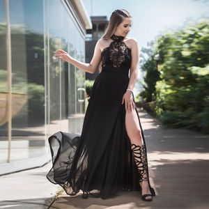 Black Halter Side Split Prom Klänningar Lace Top Backless Chiffon Kjol Graduation Gown Long Cocktail Party Dress