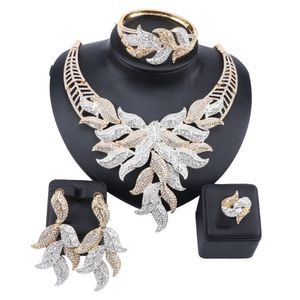 Charm Dubai Gold Color Crystal Rhinestone Wedding Bridal Jewelry Sets For Women African Necklace Earring Bracelet Ring Party Dress Accessories