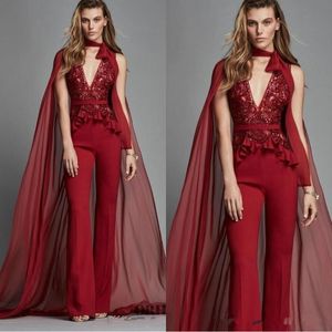 Zuhair Murad 2019 Red Aftonklänningar med Long Chiffon Wraps V Neck Lace Satin Byxor Jumpsuits Slim Fit Prom Gowns Formell Party Dress
