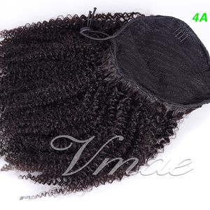 Afro Kinky Straight Indian Virgin Elastic Band Drawstring Ponytail 120g 140g 160g Natural Black Full Cuticle Aligned Human Hair Extension