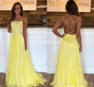 Yellow Sexy Backless Evening Dresses Chiffon Criss Cross Straps A Line Sweep Train Sequins Custom Made Prom Party Gowns Plus Size