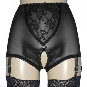 Sexy Women Open Crotch Shorts with 4-Metal Buckles Short Straps Lace and Mesh Lingerie Suspender Elastic Garter Belt with Satin Bows S-XXL